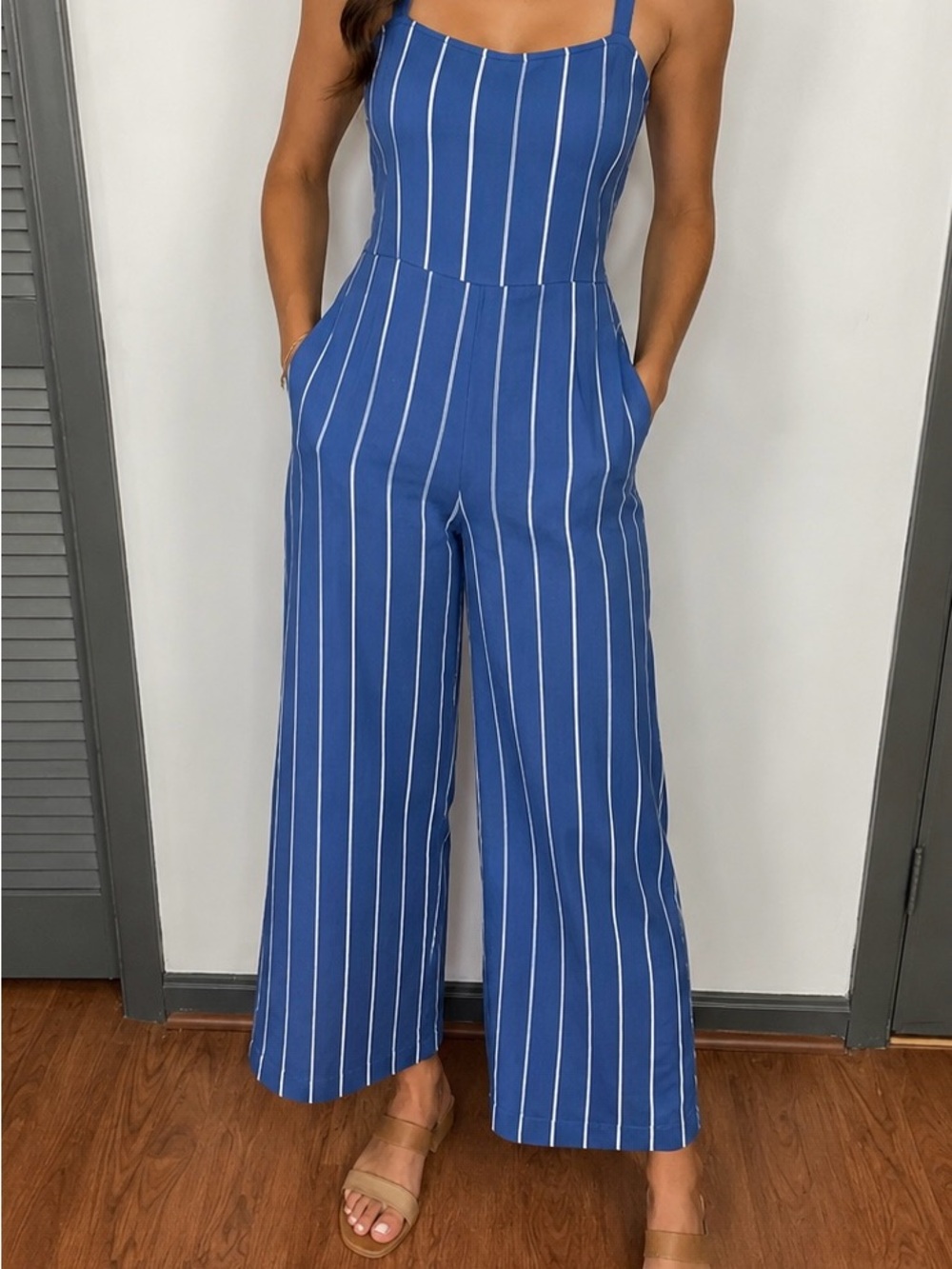 GAP Blue and White Vertical-Stripe Wide-Leg Jumpsuit